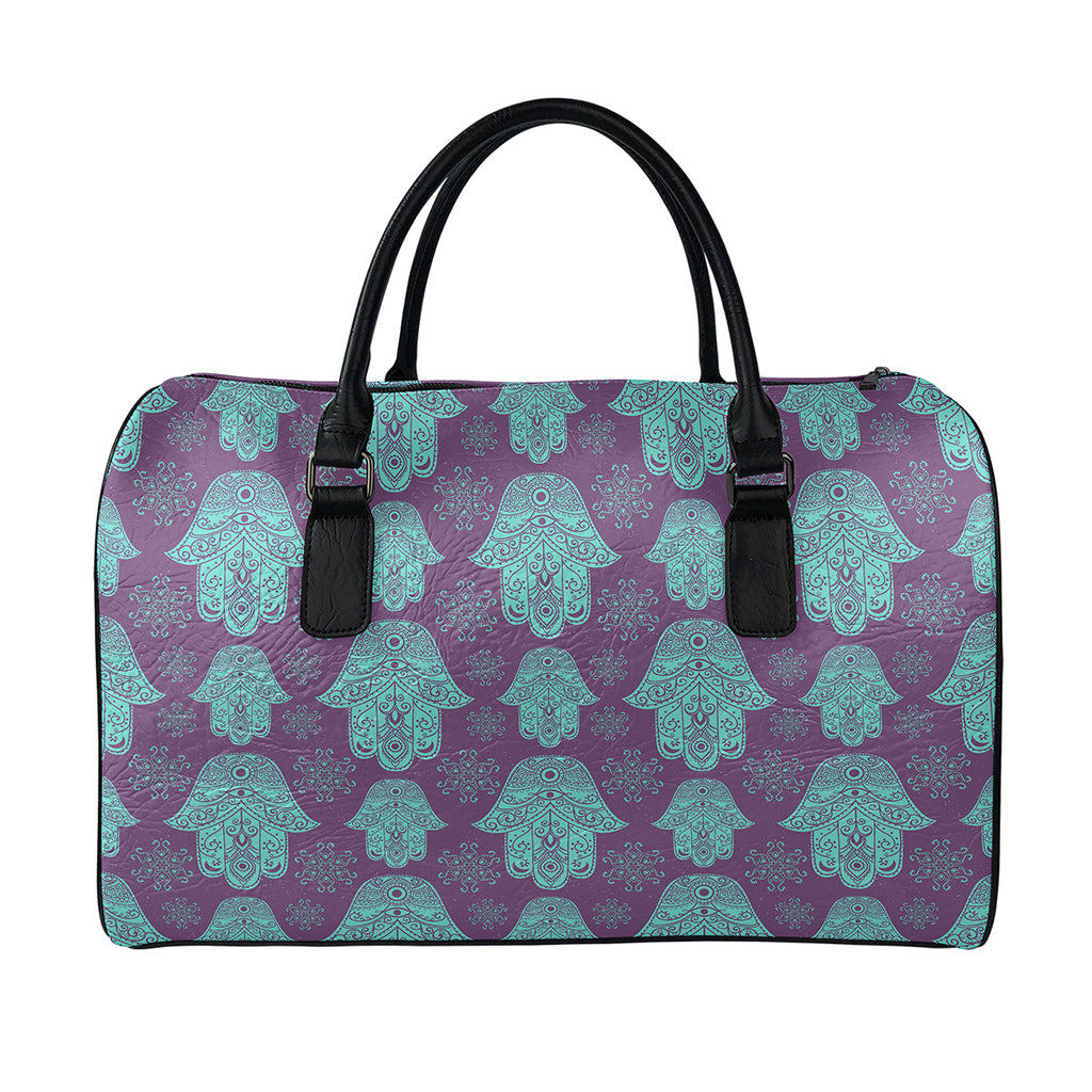 Turquoise Hamsa Pattern Print Leather Duffle Bag