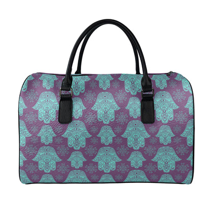 Turquoise Hamsa Pattern Print Leather Duffle Bag
