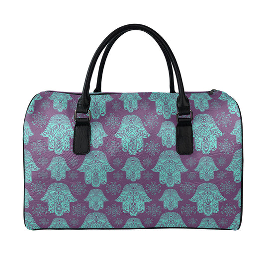 Turquoise Hamsa Pattern Print Leather Duffle Bag