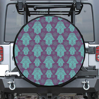 Turquoise Hamsa Pattern Print Leather Spare Tire Cover
