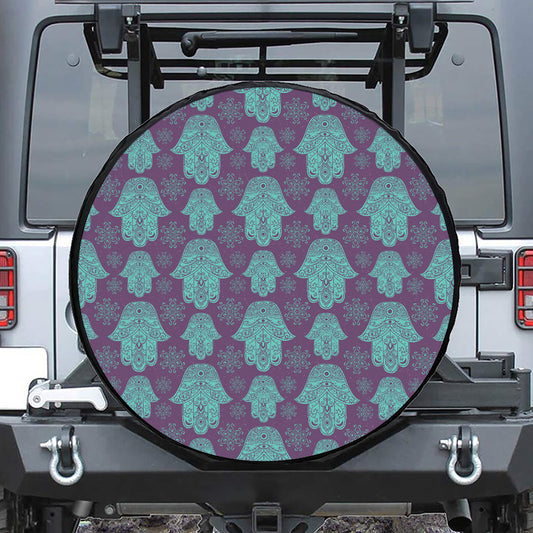 Turquoise Hamsa Pattern Print Leather Spare Tire Cover