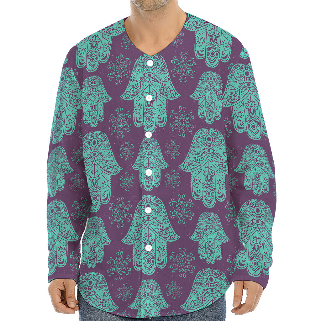 Turquoise Hamsa Pattern Print Long Sleeve Baseball Jersey