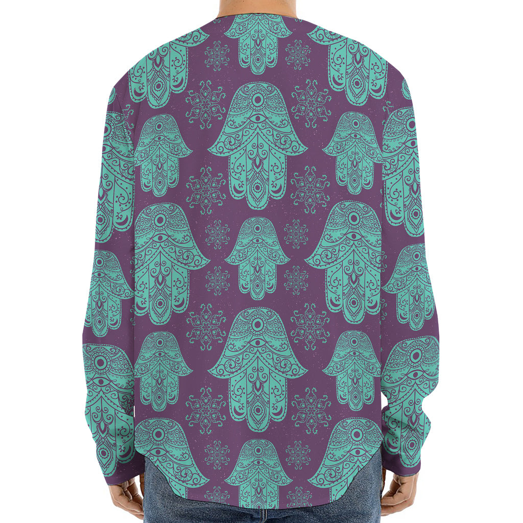 Turquoise Hamsa Pattern Print Long Sleeve Baseball Jersey