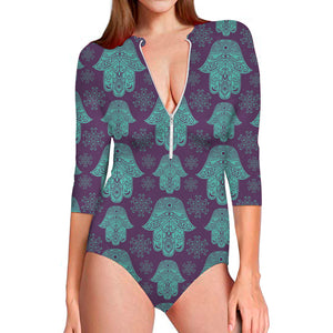 Turquoise Hamsa Pattern Print Long Sleeve Swimsuit