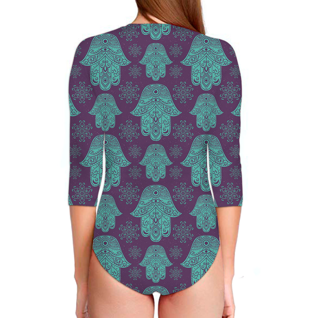 Turquoise Hamsa Pattern Print Long Sleeve Swimsuit