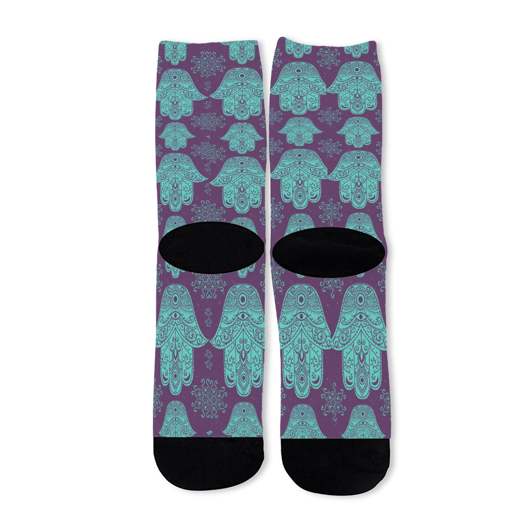 Turquoise Hamsa Pattern Print Long Socks