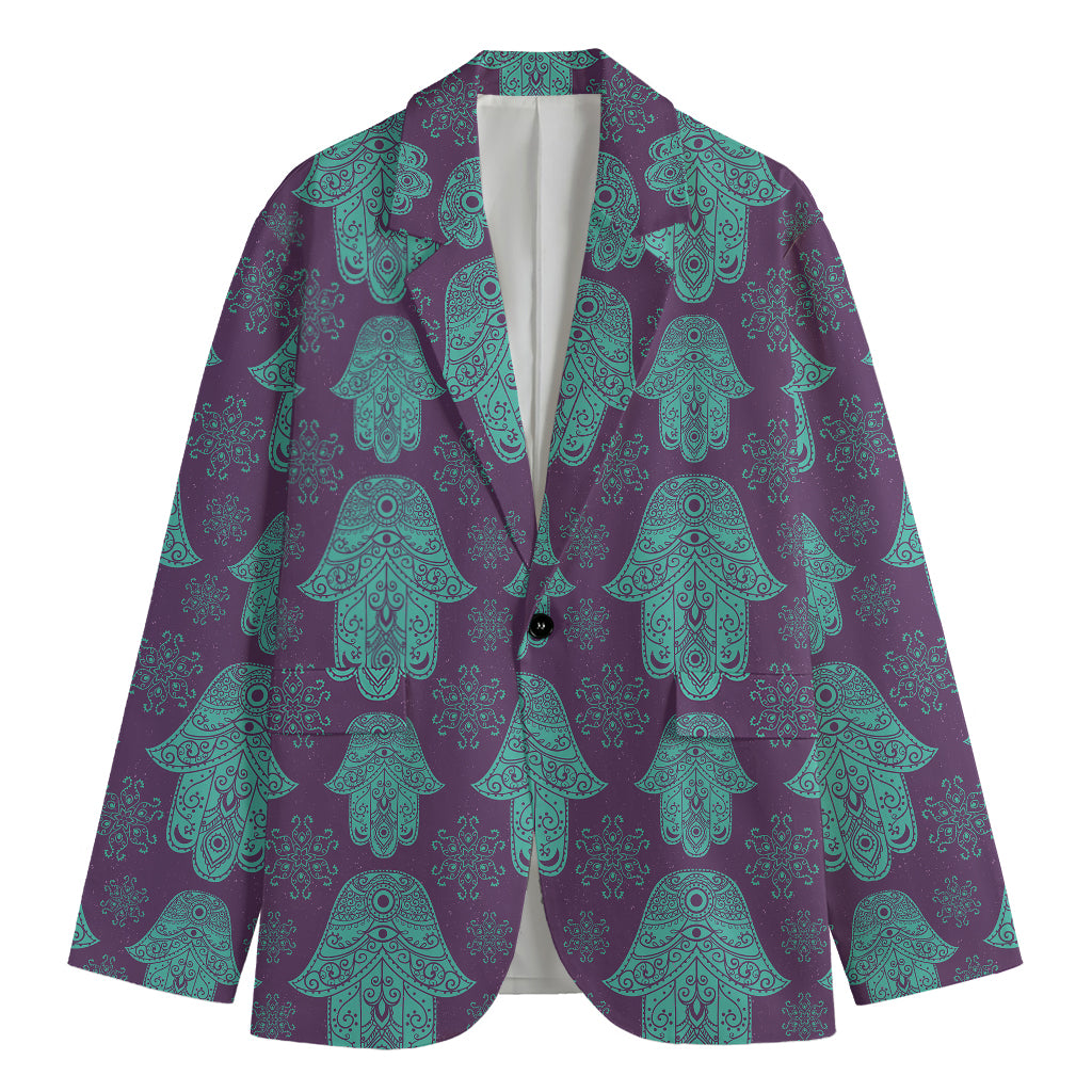Turquoise Hamsa Pattern Print Men's Blazer