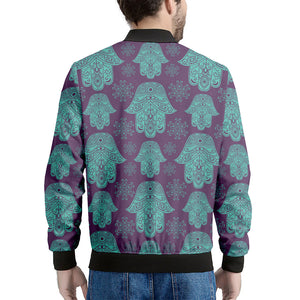 Turquoise Hamsa Pattern Print Men's Bomber Jacket