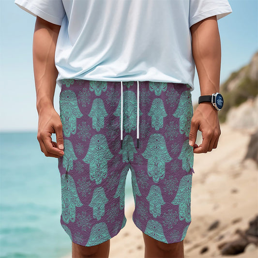 Turquoise Hamsa Pattern Print Men's Cargo Shorts