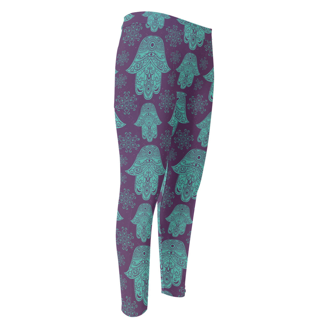 Turquoise Hamsa Pattern Print Men's Compression Pants