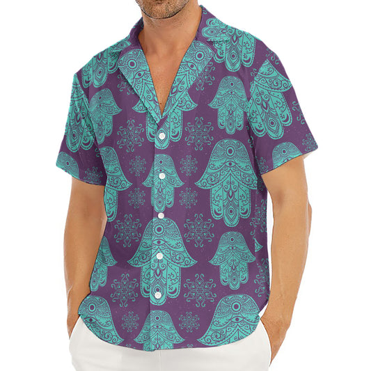 Turquoise Hamsa Pattern Print Men's Deep V-Neck Shirt