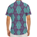 Turquoise Hamsa Pattern Print Men's Deep V-Neck Shirt