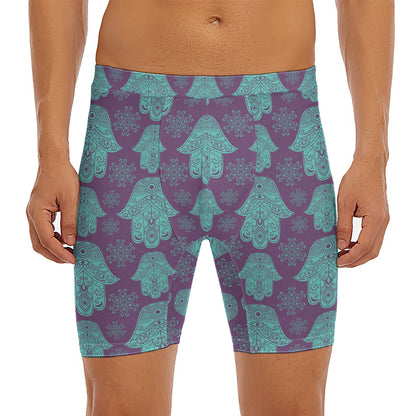 Turquoise Hamsa Pattern Print Men's Long Boxer Briefs