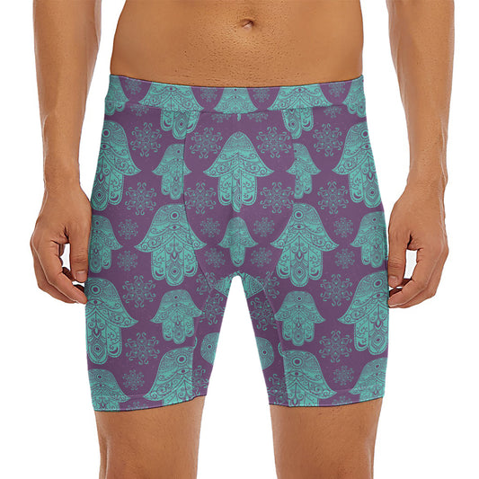 Turquoise Hamsa Pattern Print Men's Long Boxer Briefs