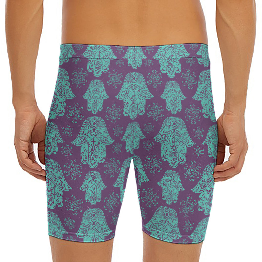 Turquoise Hamsa Pattern Print Men's Long Boxer Briefs