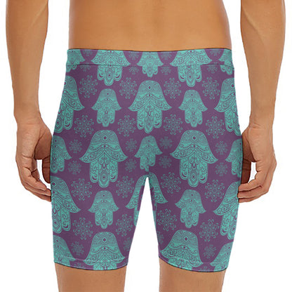 Turquoise Hamsa Pattern Print Men's Long Boxer Briefs