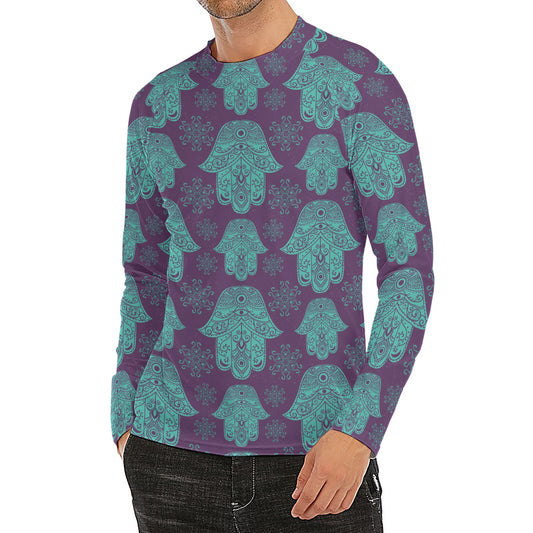 Turquoise Hamsa Pattern Print Men's Long Sleeve Rash Guard