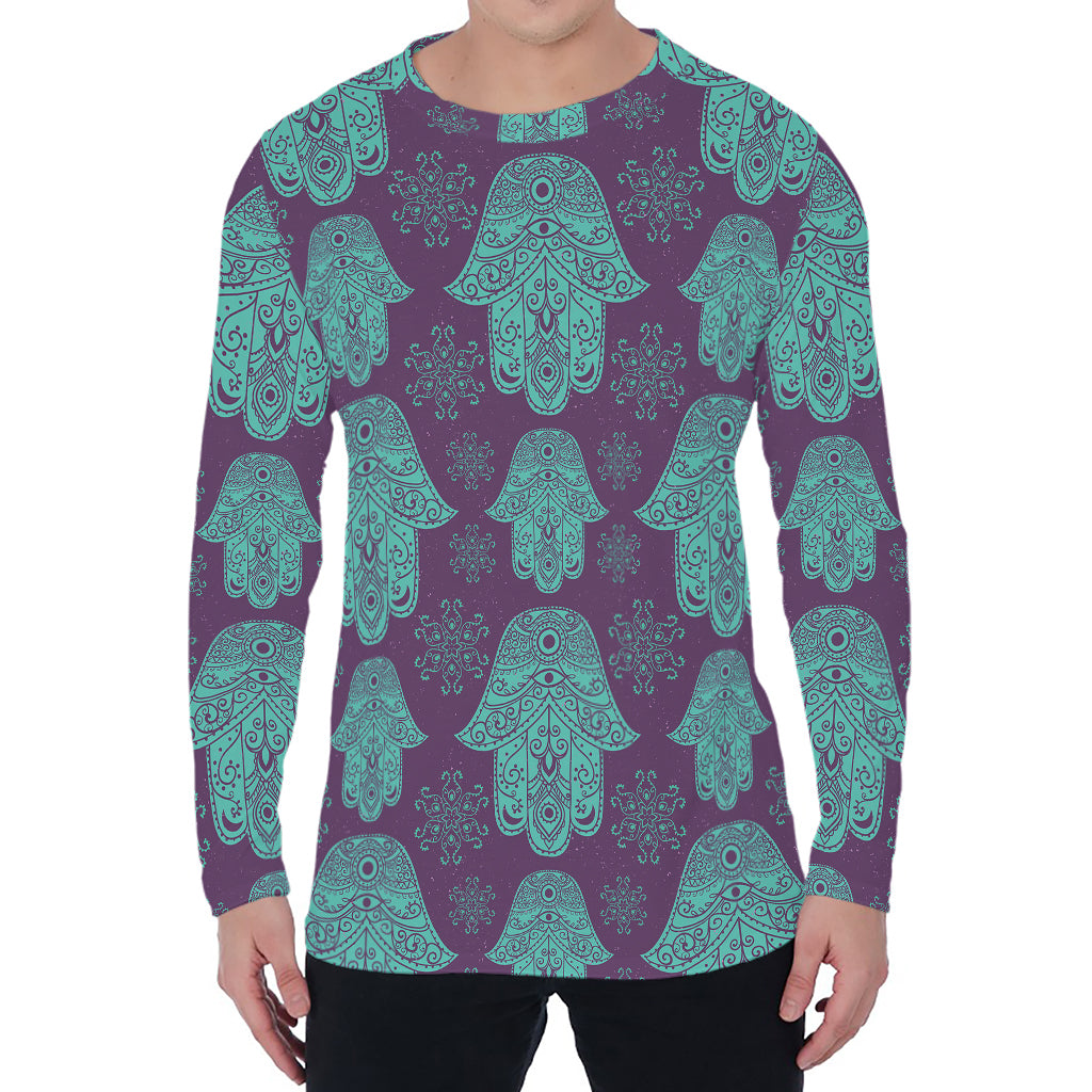 Turquoise Hamsa Pattern Print Men's Long Sleeve T-Shirt