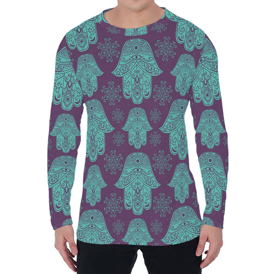 Turquoise Hamsa Pattern Print Men's Long Sleeve T-Shirt