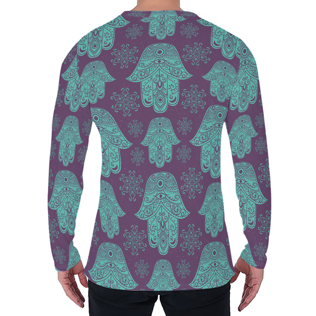 Turquoise Hamsa Pattern Print Men's Long Sleeve T-Shirt