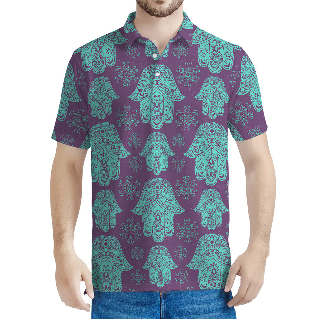 Turquoise Hamsa Pattern Print Men's Polo Shirt