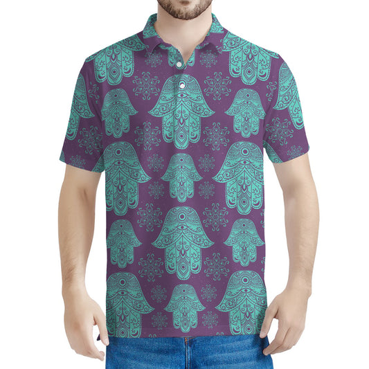 Turquoise Hamsa Pattern Print Men's Polo Shirt