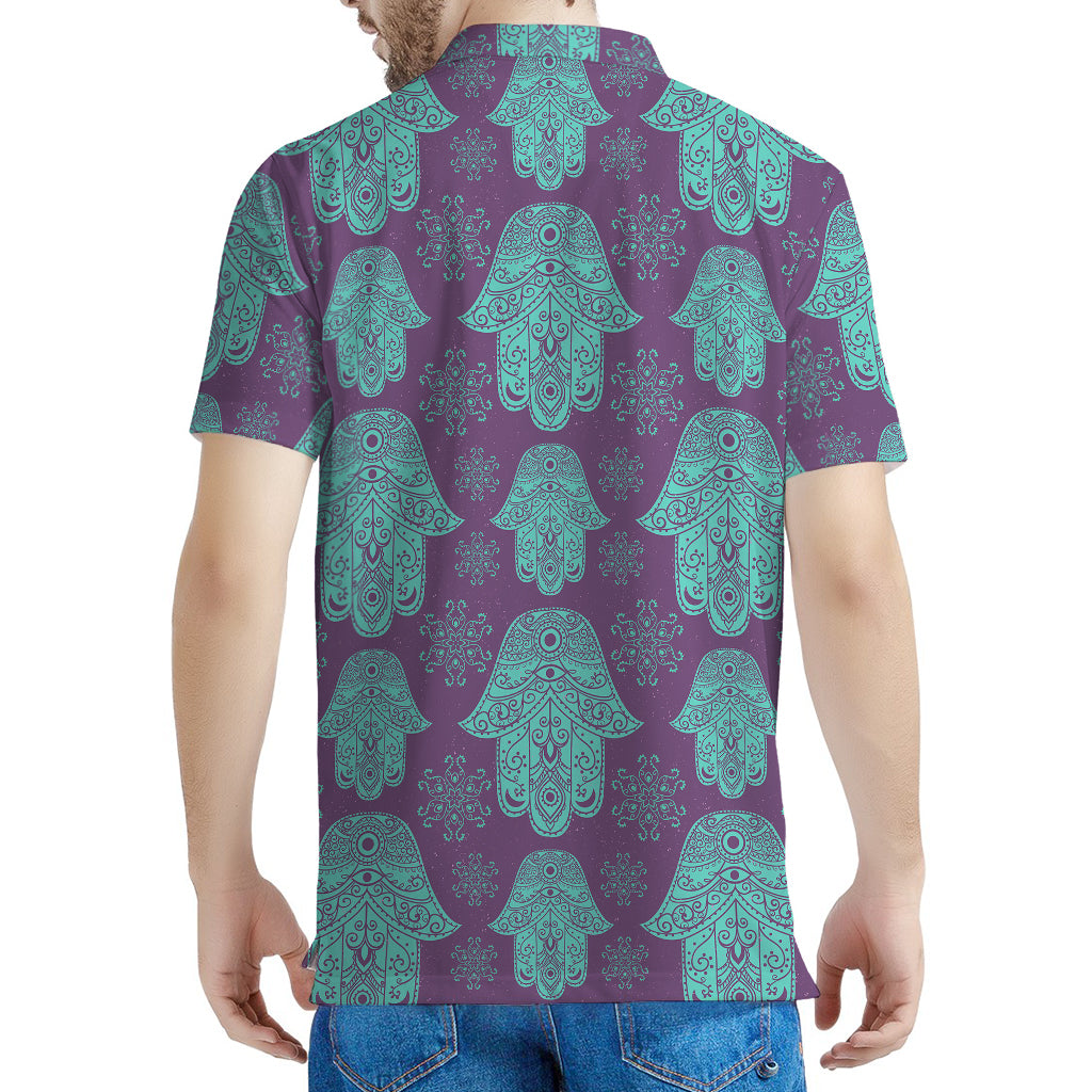 Turquoise Hamsa Pattern Print Men's Polo Shirt