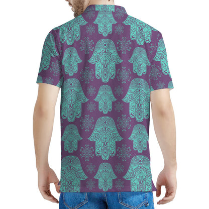 Turquoise Hamsa Pattern Print Men's Polo Shirt