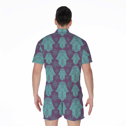 Turquoise Hamsa Pattern Print Men's Rompers