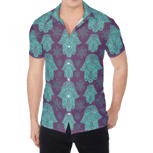 Turquoise Hamsa Pattern Print Men's Shirt