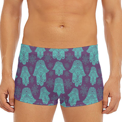 Turquoise Hamsa Pattern Print Men's Short Boxer Briefs
