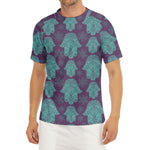 Turquoise Hamsa Pattern Print Men's Short Sleeve Rash Guard