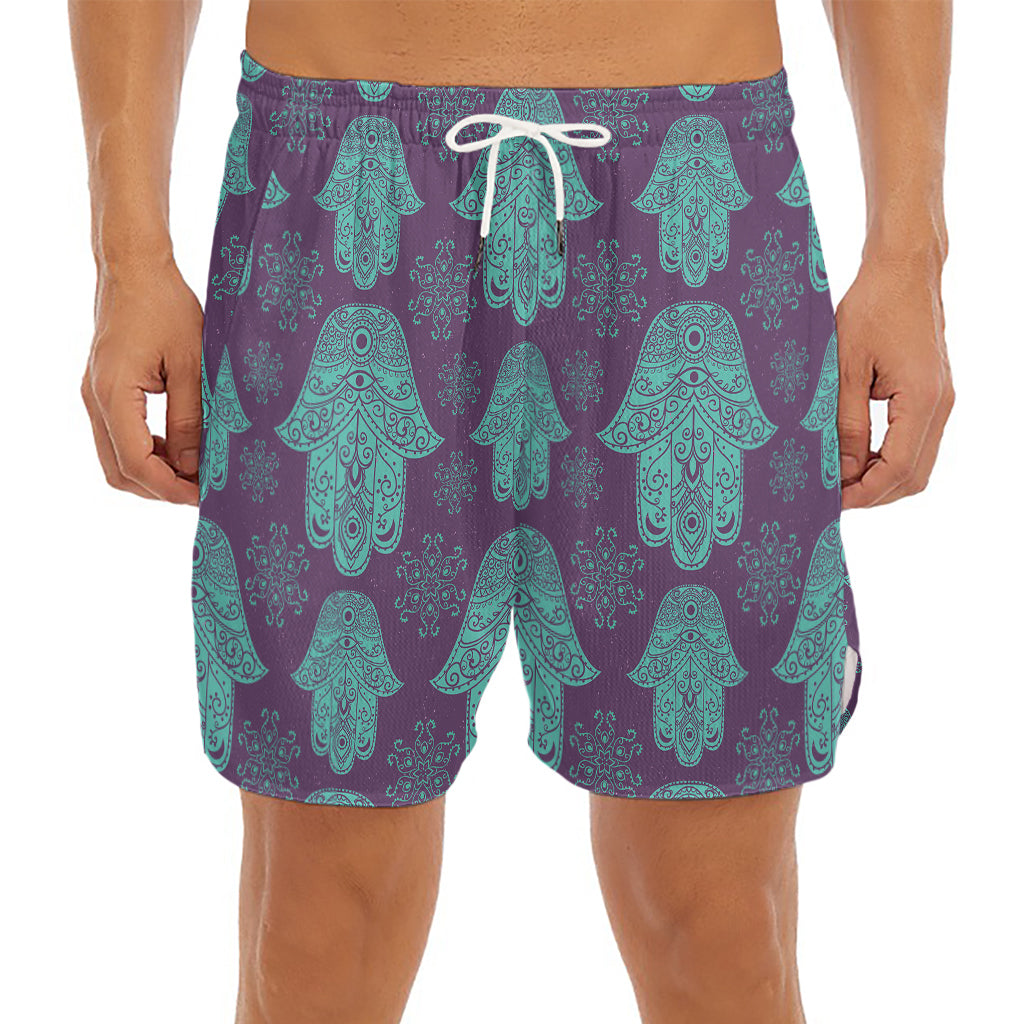 Turquoise Hamsa Pattern Print Men's Split Running Shorts