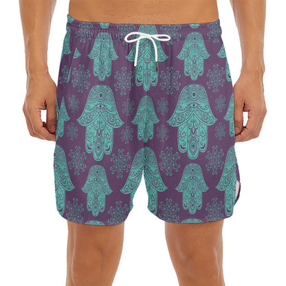 Turquoise Hamsa Pattern Print Men's Split Running Shorts