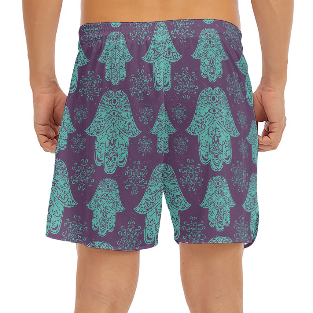 Turquoise Hamsa Pattern Print Men's Split Running Shorts