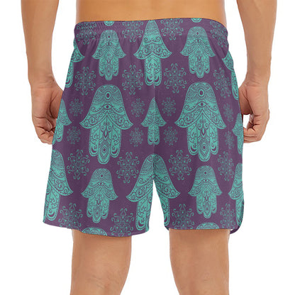 Turquoise Hamsa Pattern Print Men's Split Running Shorts