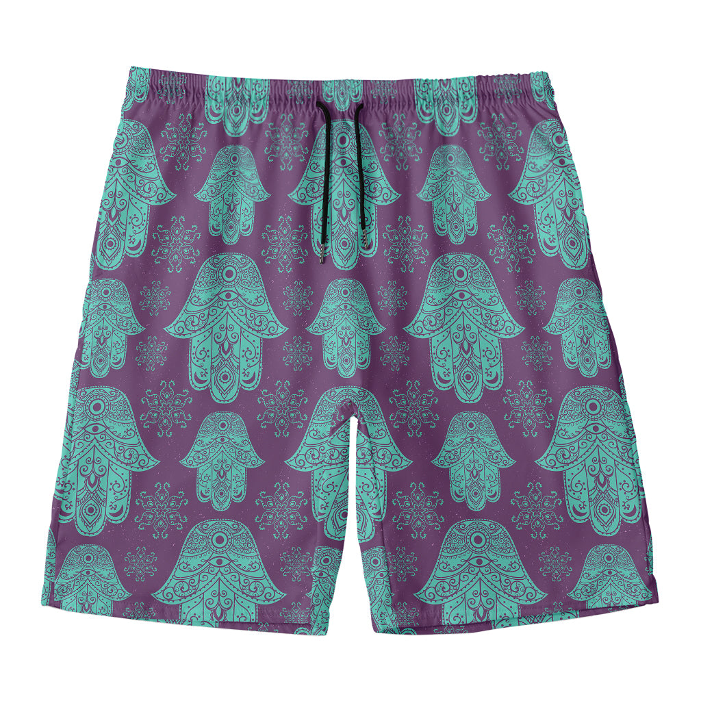 Turquoise Hamsa Pattern Print Men's Swim Trunks