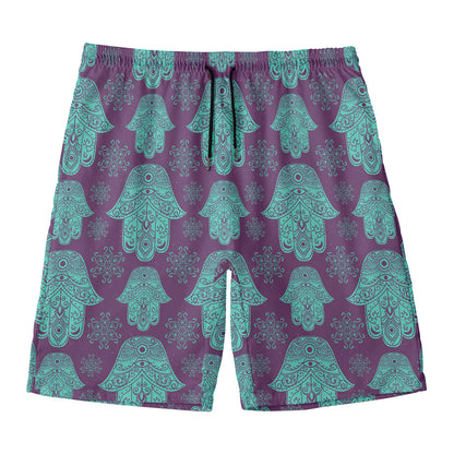 Turquoise Hamsa Pattern Print Men's Swim Trunks