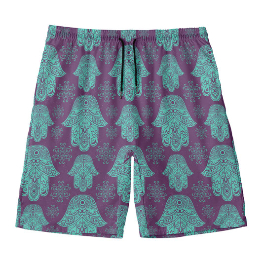 Turquoise Hamsa Pattern Print Men's Swim Trunks