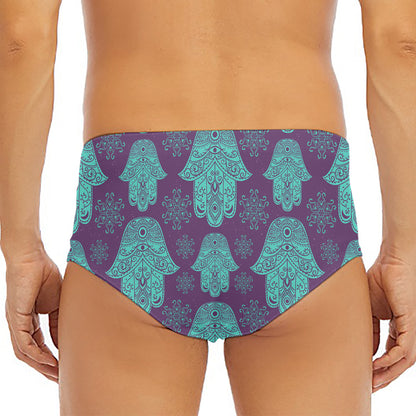 Turquoise Hamsa Pattern Print Men's Triangle Swim Briefs