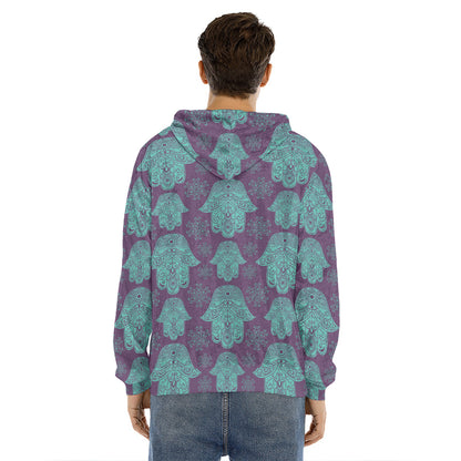 Turquoise Hamsa Pattern Print Men's Velvet Pullover Hoodie