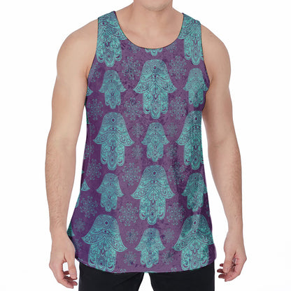 Turquoise Hamsa Pattern Print Men's Velvet Tank Top