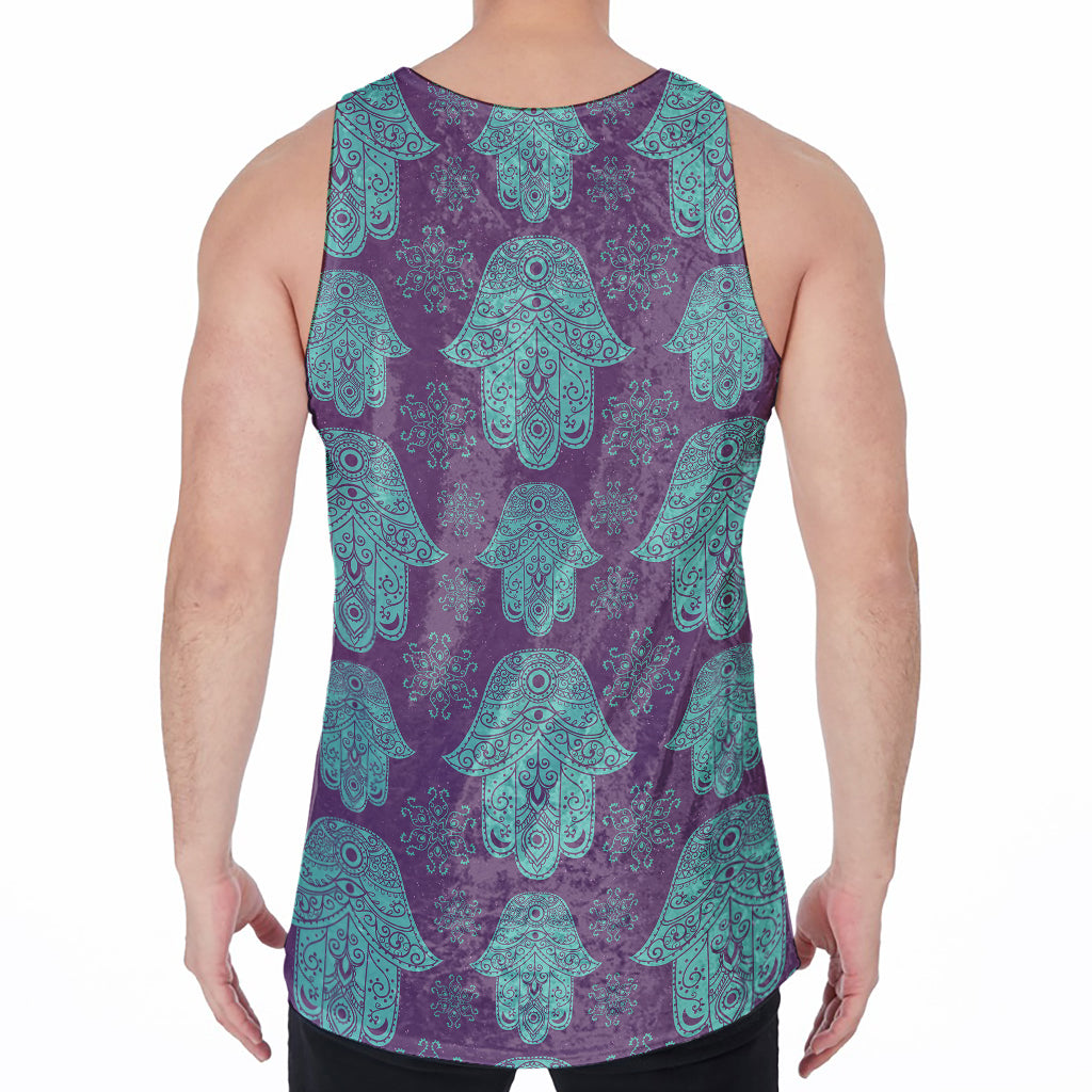 Turquoise Hamsa Pattern Print Men's Velvet Tank Top