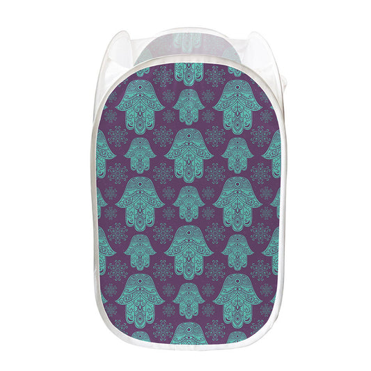 Turquoise Hamsa Pattern Print Mesh Laundry Hamper