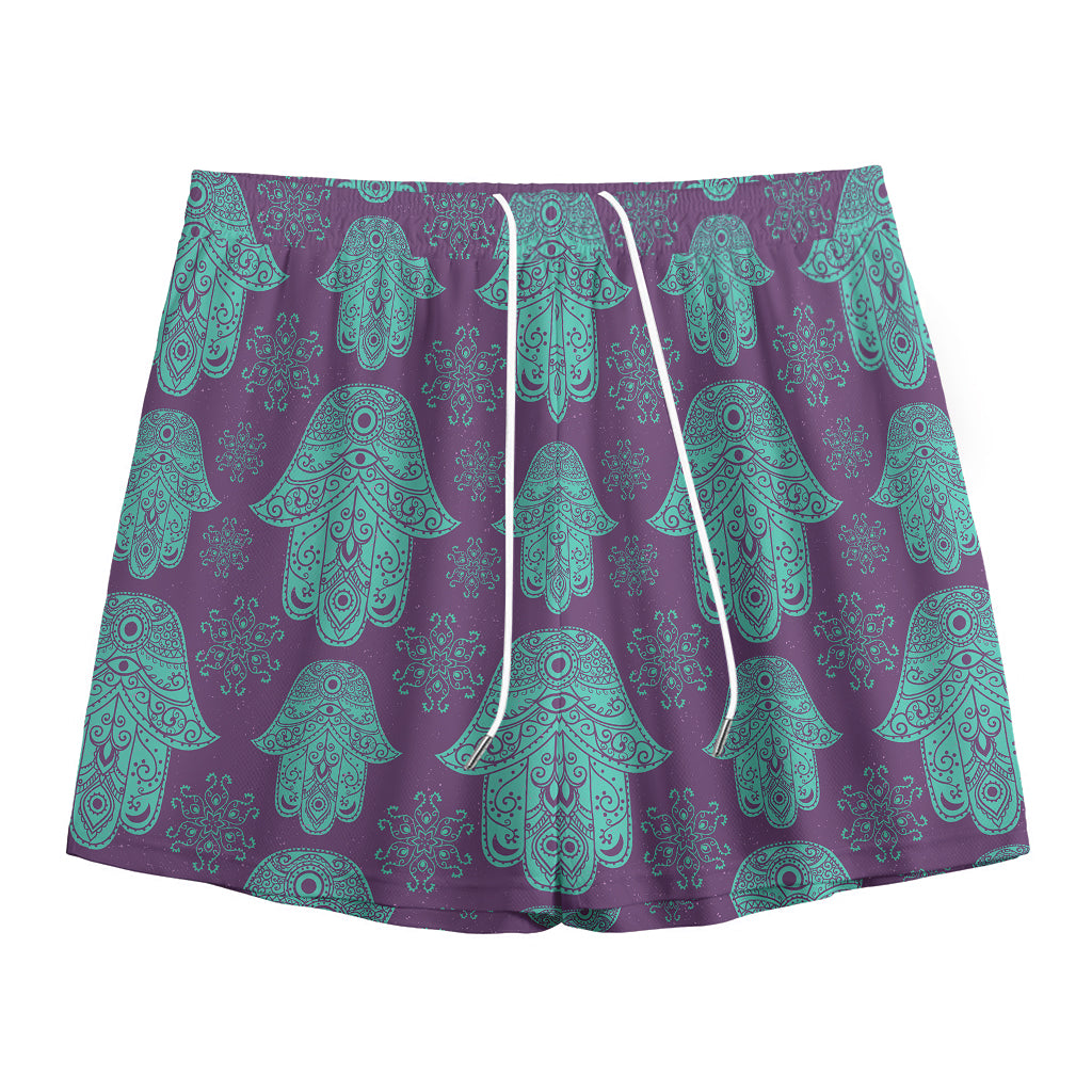 Turquoise Hamsa Pattern Print Mesh Shorts