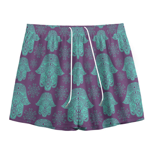 Turquoise Hamsa Pattern Print Mesh Shorts
