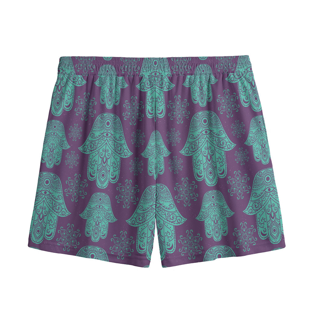 Turquoise Hamsa Pattern Print Mesh Shorts