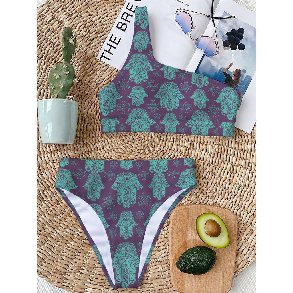 Turquoise Hamsa Pattern Print One Shoulder Bikini Top