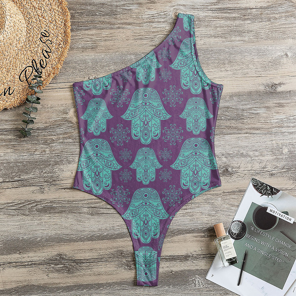 Turquoise Hamsa Pattern Print One Shoulder Bodysuit