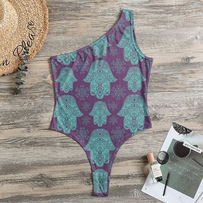 Turquoise Hamsa Pattern Print One Shoulder Bodysuit